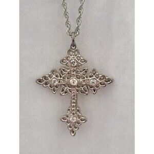 Vintage 1928 Signed Silvertone Cross and Rhinestones On 18” Chain